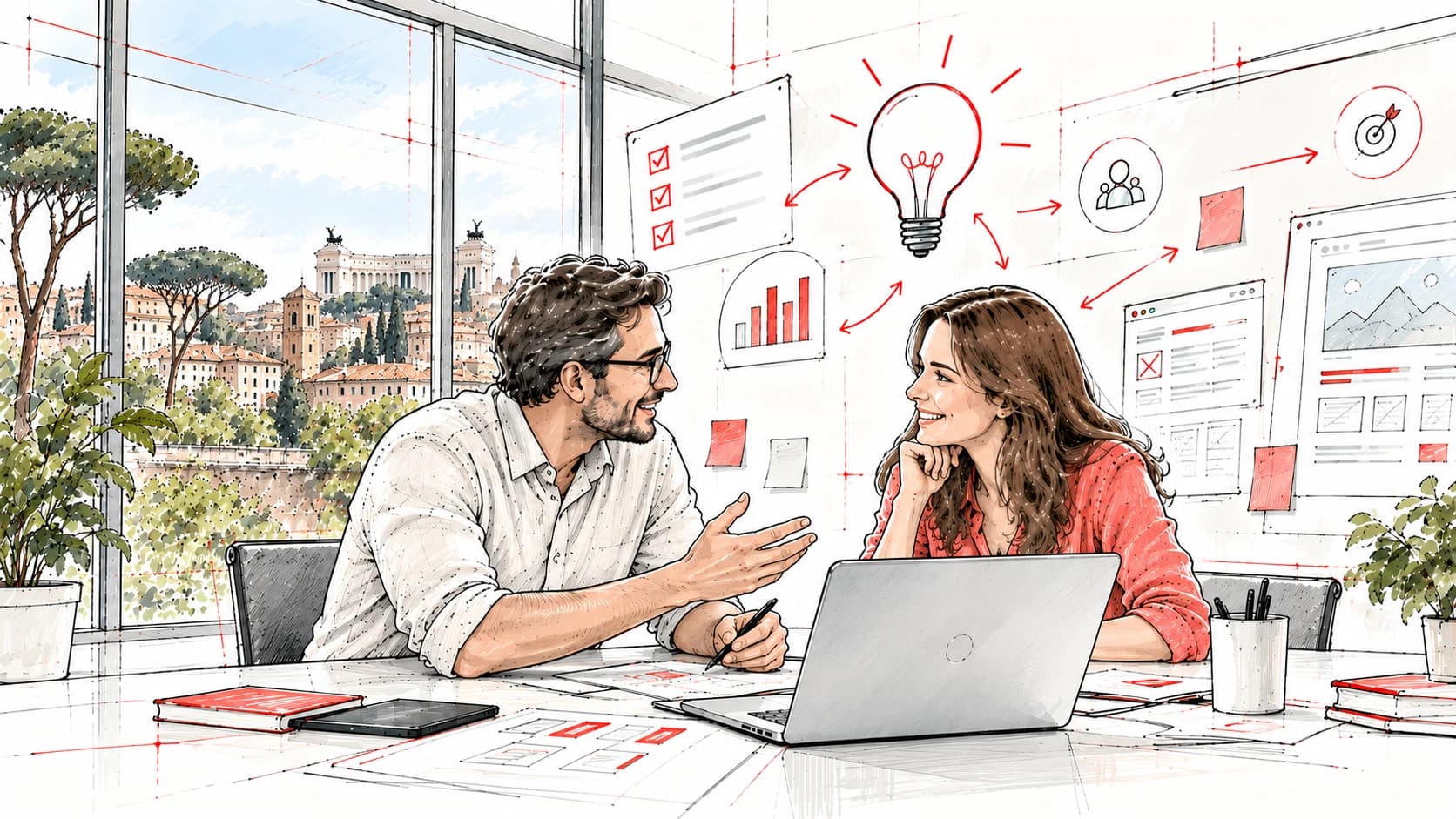Due persone di Yayamedia che discutono idee e wireframe per un nuovo progetto
