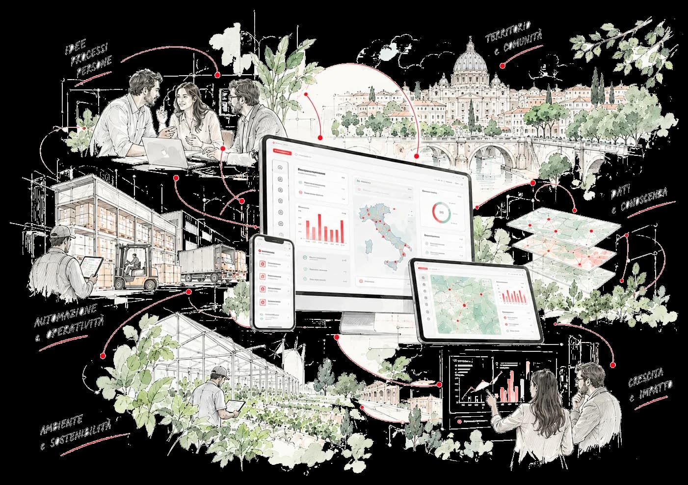 Idee, processi e persone; territorio e comunità; dati e conoscenza; automazione e operatività; ambiente e sostenibilità; crescita e impatto: le soluzioni Yayamedia su misura