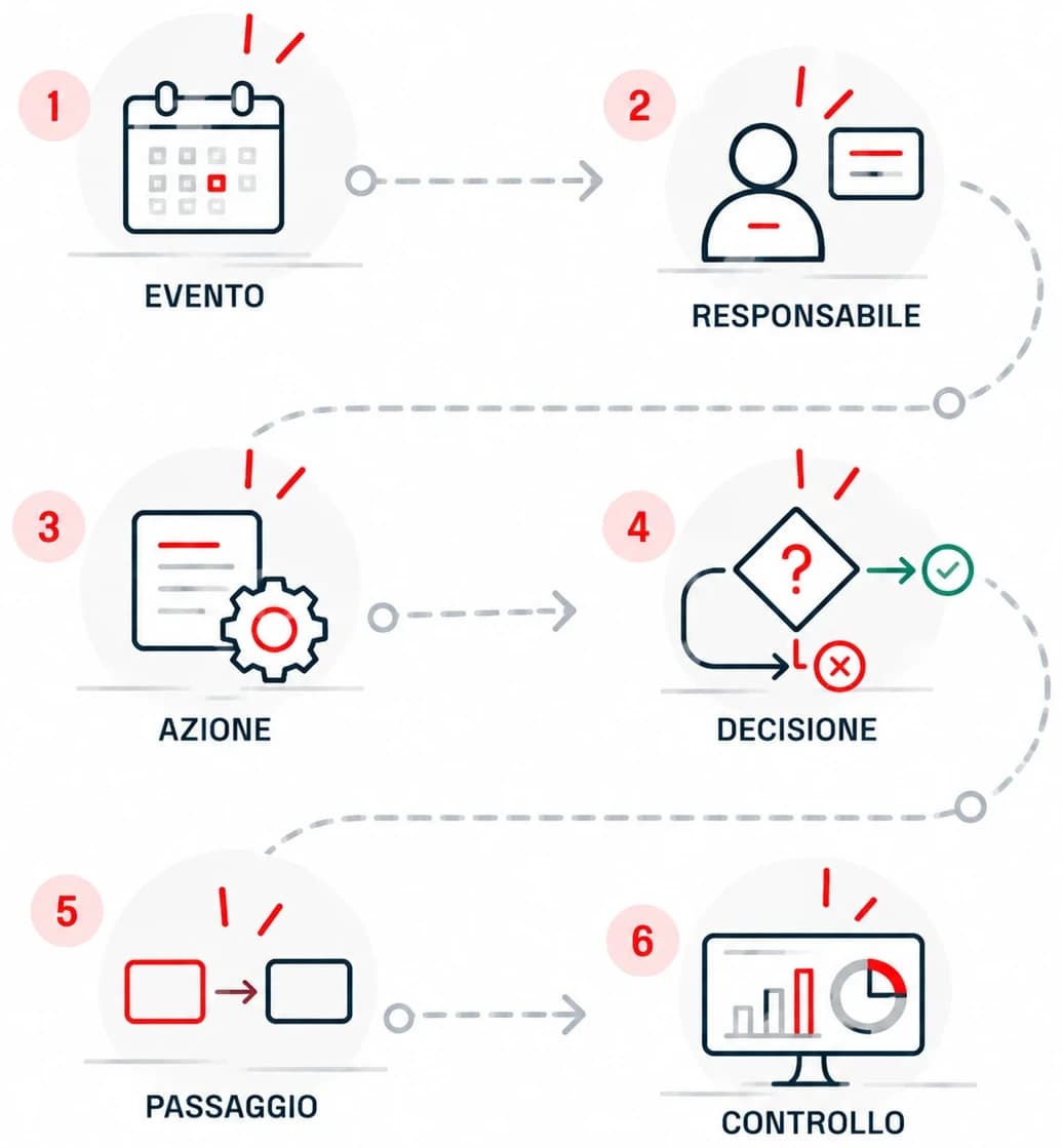 Flusso di automazione: 1. Evento, 2. Responsabile, 3. Azione, 4. Decisione, 5. Passaggio, 6. Controllo