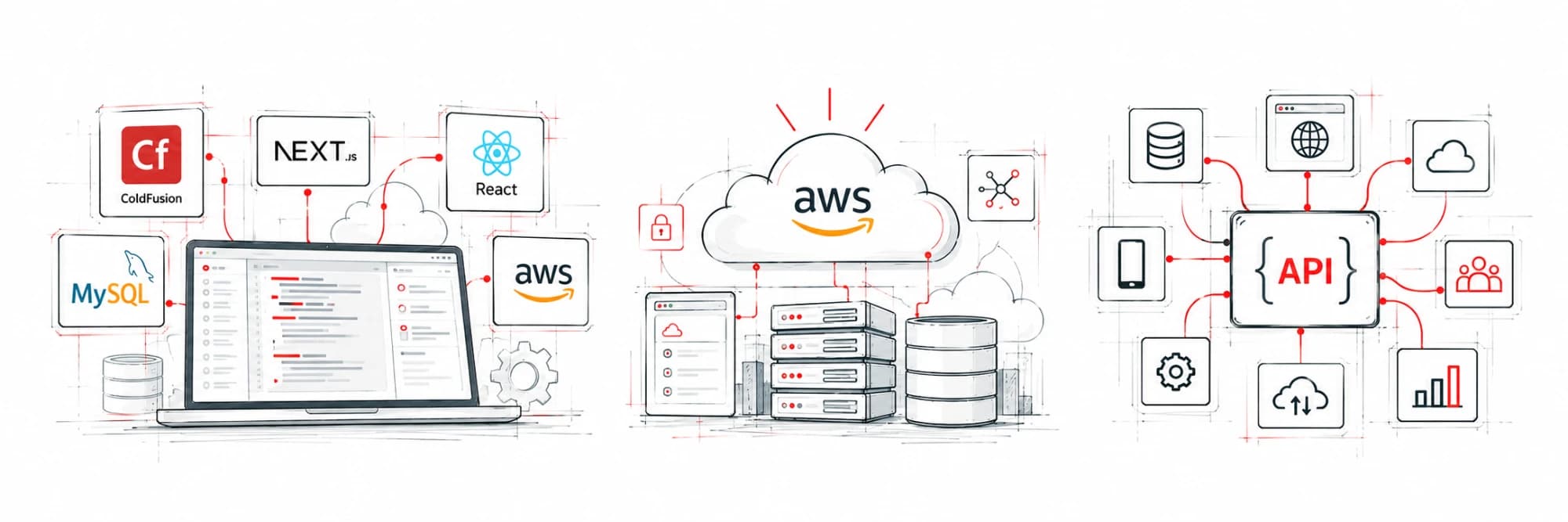 Stack tecnologico Yayamedia: ColdFusion, Next.js, React, MySQL, AWS, infrastruttura cloud sicura e API first
